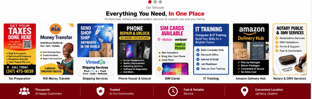 AfroLink Our Services: Tax Preparation, RIA Money Transfer, VintedGo Shipping, Phone Repair, SIM Cards, IT Training, Amazon Delivery Hub, and Notary and DMV Services