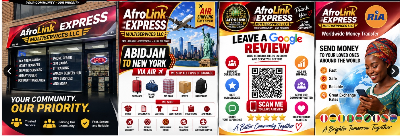AfroLink storefront, air shipping, Google review and RIA money transfer services